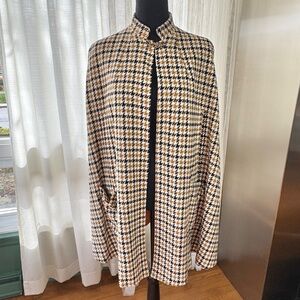 Vintage 80s fall cape, mustard, cream black houndstooth, slit sleeves, O/S to XL